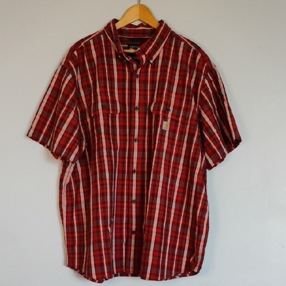 Carhartt Mens Size 2XL Plaid Casual Button Down Shirt 100% Cotton Burnt Red